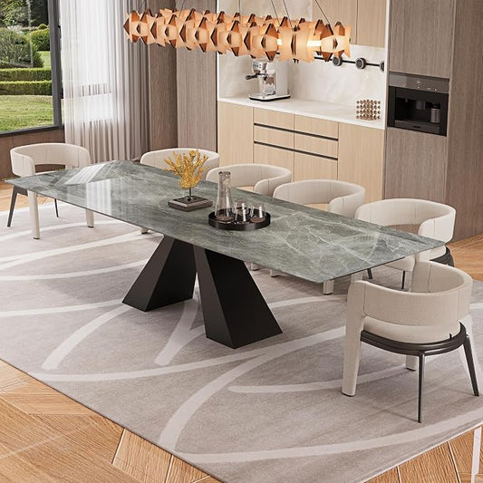 Modern Telescoping Dining Table for 8-10 People, 63-94.5 Inch Retractable Italian Grey Faux Marble Tabletop Thick Carbon Steel Base for Dining Room Kitchen Family Party