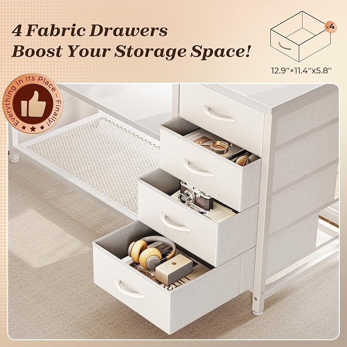 PRAISUN 53" L Shaped Desk with Power Outlets & USB-C Port, Reversible Computer Corner Office Desk with 4 Fabric Drawers and 2 Storage Shelves, Large Desk for Gaming Writing Work Study, White