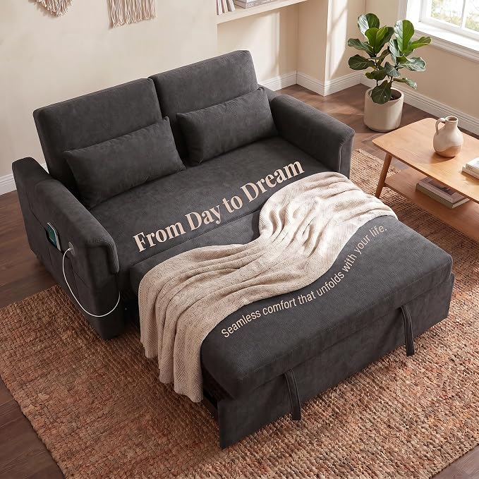 Sofa Bed, Pull Out Couch with Side Pockets, 3 in 1 Velvet Loveseat Sleeper Sofas Beds with USB Ports, Sofa Bed Couch with Adjustable Backrest for Living Room, Bedroom, Apartment, Gray