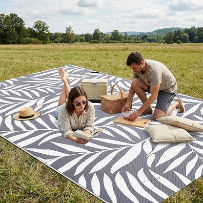 Smiry Outdoor Rug 5x8 ft, Waterproof Reversible Plastic Straw Rugs, Outdoor Area Rug with Leaf Pattern, Outside Floor Mat for Patio, Backyard, Deck, Picnic, Beach, Camping, Grey & White