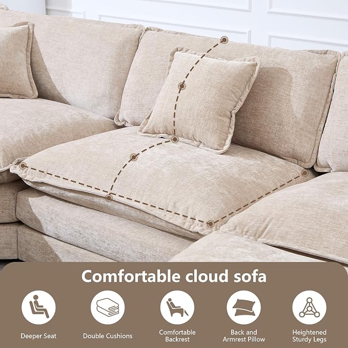 Oversized Modular Sectional Cloud Sofa: 114" V-Shaped Modular Cloud Couch, 7 Seater Comfy Couch with Ottomans and Pillows, Chenille Deep Seat Couch for Living Room,Bedroom,Apartment,Large Space,Camel
