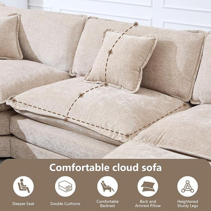 Oversized Modular Sectional Cloud Sofa: 114" V-Shaped Modular Cloud Couch, 7 Seater Comfy Couch with Ottomans and Pillows, Chenille Deep Seat Couch for Living Room,Bedroom,Apartment,Large Space,Camel