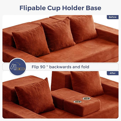 MAXYOYO Convertible Sofa Bed, 80" Oversized Boneless Loveseat Couch 4 in 1 Foldable Floor Sofa Couch in A Box with 2 Cup Holders, Folding Chair for Living Room, No Assembly Required, Orange