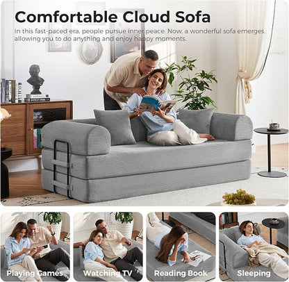 79" 5-in-1 Convertible Sofa Bed No Assembly, Boneless Couch Bed with High Density Foam, Foldable Sleeper Sofa, Corduroy Modular Couch for Apartment, Studio, Dorm Room, Small Space, Light Grey