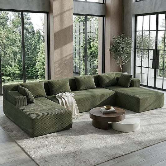 MONVANE 141" U Shaped Cloud Sectional Couch with Chaise Lounge, Modular Sectional Sofa with Removable Armrests, Comfy Corduroy Boneless Couches for Living Room, No Assembly Required, Green