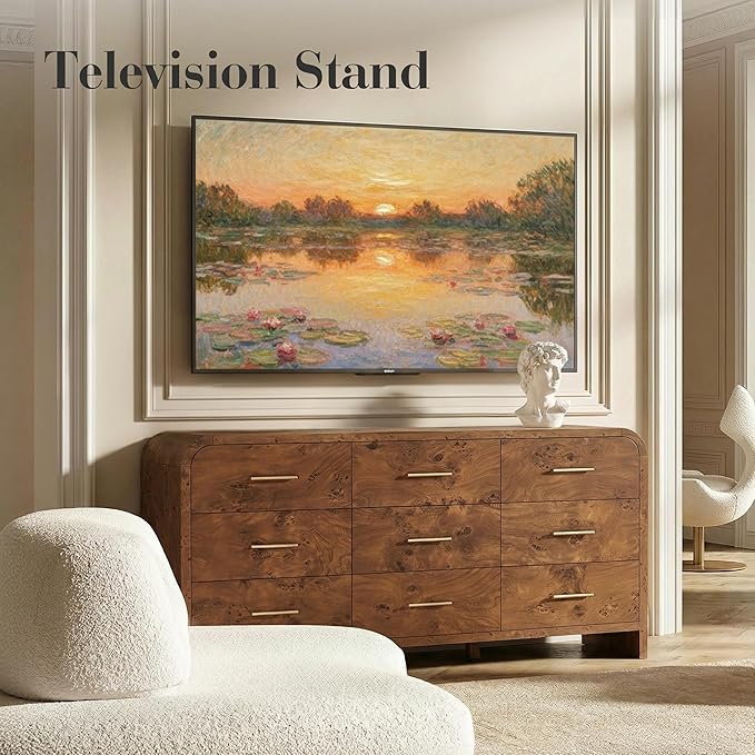 Curved 9-Drawer Dresser for Bedroom, 63" Wide Modern Chest of Drawers, Vanity Desk TV Stand for Living Room, Closet Storage Drawers Organizer Furniture, Nursery, Hallway, Dark Burl