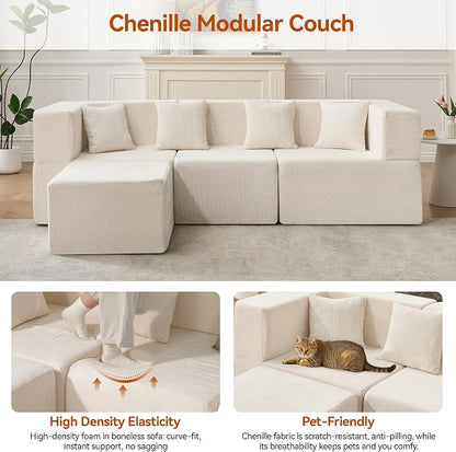 MONVANE 103'' Modular Sectional Sofa, Cloud Sectional Couch with Ottoman, Convertible Chenille L Shaped Couch with Deep Seat, Sectional Couches for Living Room Bedroom, No Assembly Required, Beige