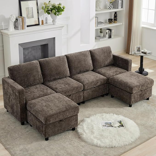 WUTUTUEE 107'' Modular Sectional Sofa Convertible U Shaped Sofa Couch Set with Storage for Living Room, Modern 6 Seater Modular Sectional Couch with Movable Ottoman, Chenille Brown