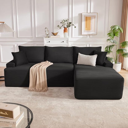Mangodan Cloud Sectional Sofa, Boneless Couch for Living Room, Modular Sectional Sofa with Deep Seat, Fluffy L-Shaped Comfy Couch with Right-Facing Chaise, No Assembly Required, Black