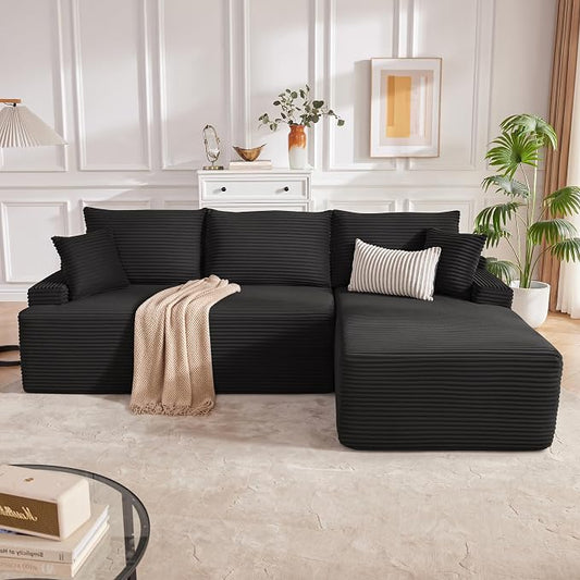 Mangodan Cloud Sectional Sofa, Boneless Couch for Living Room, Modular Sectional Sofa with Deep Seat, Fluffy L-Shaped Comfy Couch with Right-Facing Chaise, No Assembly Required, Black