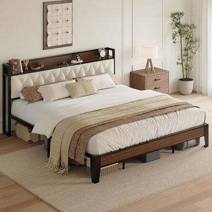 ANCTOR King Bed Frame, Storage Headboard with Charging Station, Platform Bed Frame with Strong Metal Support, Sturdy and Stable, Noise Free, No Box Spring Needed, Easy Assembly, Walnut