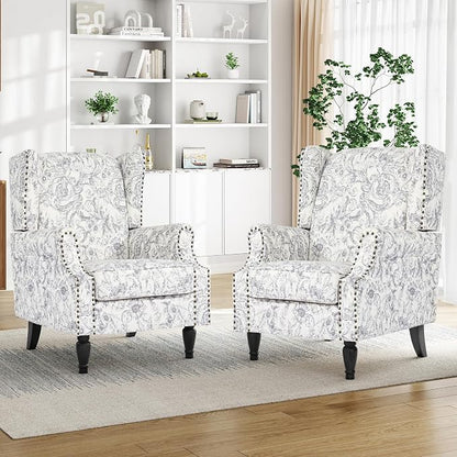 Pia Ricco High Back Floral Accent Chair - Retro Wingback Upholstered Armchair with Nailhead Trim, Solid Wood Legs, Fabric Living Room Bedroom Reading Chair (Rococo Light Gray)