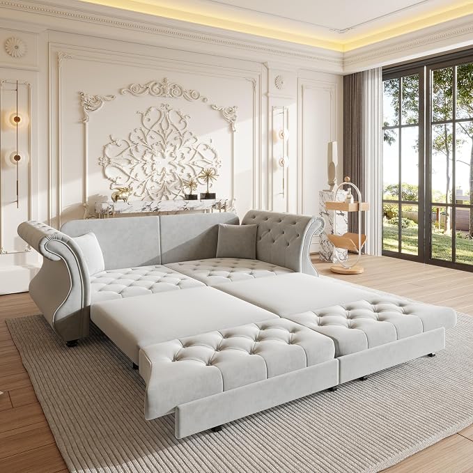 83.8" Oversized Pull Out Sofa Bed, Chesterfield Velvet Sleeper Sofa Couch with Roll Arm & Flower Tufting, Heavy Duty Metal Frame Convertible Sofa for Living Room, Apartment, Guest Room, Light Grey