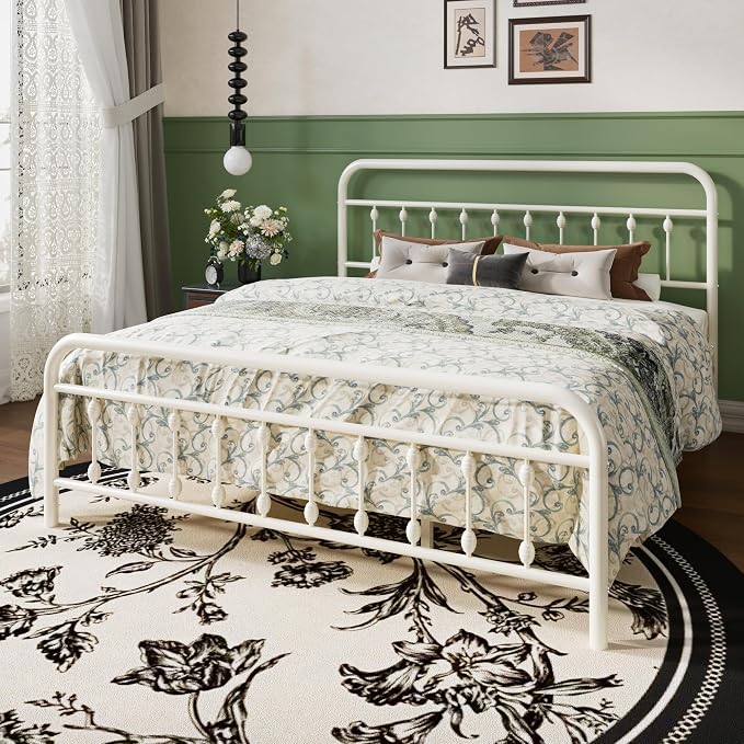 SHA CERLIN King Size Metal Platform Bed Frame with Victorian Style Iron-Art Headboard and Footboard, Easy Assembly, Under Bed Storage, No Box Spring Required, Off White