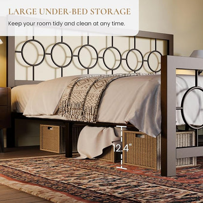 SHA CERLIN King Size Metal Bed Frame with Vintage Circular Design Headboard and Footboard,No Box Spring Required, Easy Assembly,Noise-Free,Brown