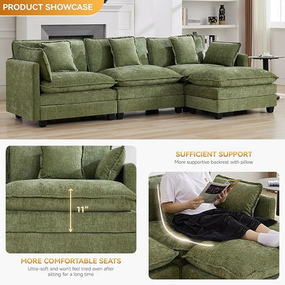 111'' Cloud Deep Seat Sectional Couch, Modern Comfy Chenille L Shaped Sectional Sofa with Movable Ottoman, Upholstered Modular 4-Seater Sofa Couch for Living Room, Green
