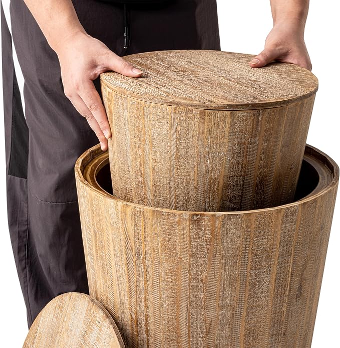 Aoikax Farmhouse Nesting Barrel Side Table, Fully Assembled, Natural | Rustic Space Saving Storage End Table Set, Natural Wood Finish