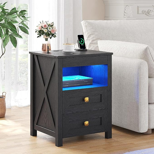 TAGELIER Farmhous Nightstand with Gun Drawer,Bedside Table with Charging Station, Gun Night Stand with LED Light & Human Sensor,Smart End Table for Bedroom, Black