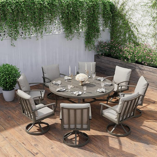 HAPPATIO Patio Dining Set, Aluminum Round Outdoor Dining Set for 8, 61" Round Table with Umbrella Hole and 8 Swivel Chairs, Outdoor Table and Chairs with Removable Cushion for Lawn Yard Patio