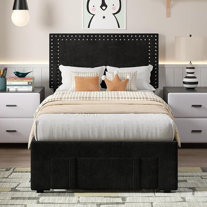 VECELO Twin Size Upholstered Bed Frame with Storage Drawer, Adjustable Velvet Rivet Decor Headboard, Wooden Slats Platform Support, No Box Spring Needed, Easy Assembly,Black