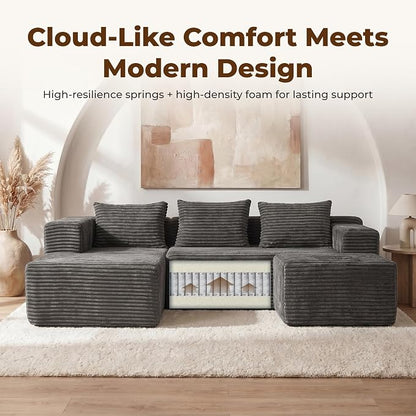 Modular Sectional U-Shaped Sofa with Deep Seat, Modern Boneless Comfy Corduroy Fluffy Couch with Side Pockets and Anti-Slip & Floor-Friendly Bottom for Living Room, No Assembly, Dark Grey