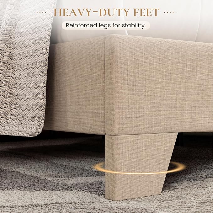 SHA CERLIN Linen Upholstered Queen Size Bed Frame with Headboard, Beige | Adjustable Low-Profile Platform Bed, Minimalist Design, Stable Mattress Foundation, Strong Back-Support, No Box Spring Needed