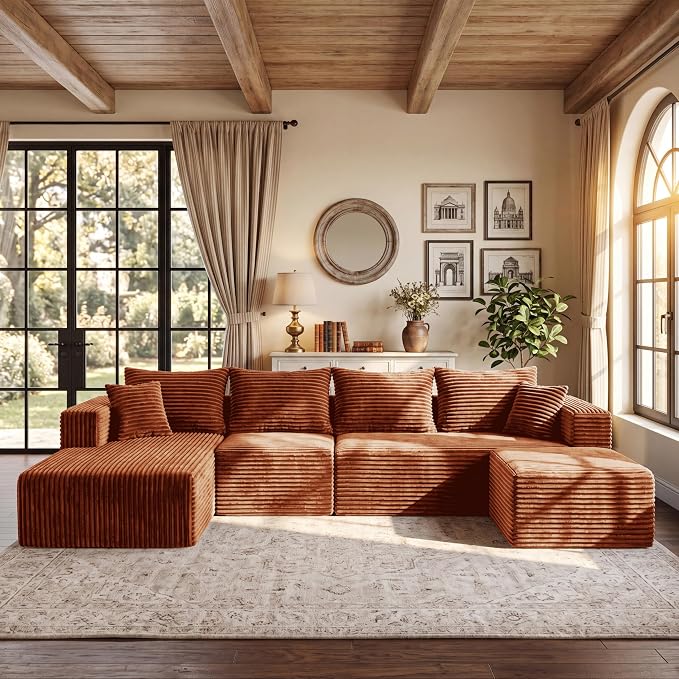 118" Sectional Sofa, Boneless Compressed Sofa in a Box, U-Shaped Cloud Couch with Deep Seats & Chaise for Living Room, No Assembly Required (Orange, 118" U-Shape with Left Facing Chiase)