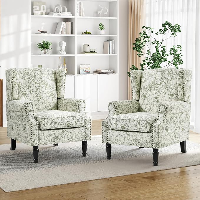 Pia Ricco Set of 2 Floral Accent Chairs, High Back Upholstered Armchairs with Retro Wingback Design, Nailhead Trim & Solid Wood Legs for Living Room Bedroom(Plants Green)