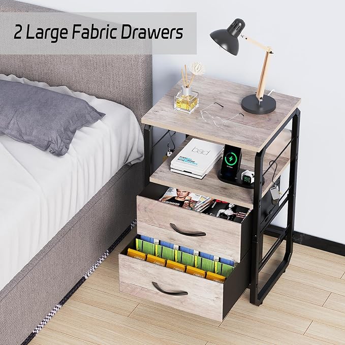 runjuly Nightstand with Drawers, Storage Night Stand with Charging Station Type C Port, Small Side Table with Hooks, Wood Metal End Table for Living Room, Bedroom, Dorm, Greige