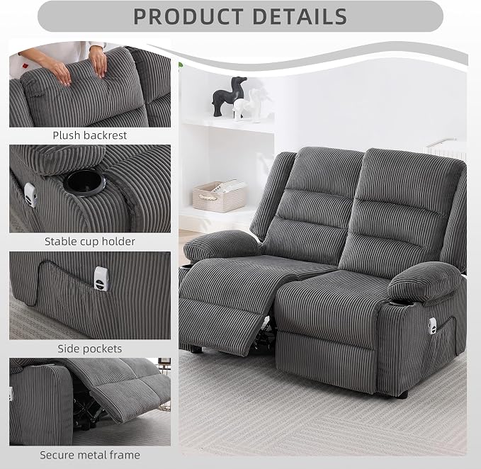 52Inch Reclining Loveseat Sofa,Power Loveseat Recliner,Electric Love seat Recliner Sofa for Bedroom,Living Room with Charging Ports,Striped Grey