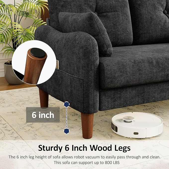 Vipbear 48" Loveseat Sofa,Modern Small Couches for Small Spaces,Black Chenille Love Seat Couch for Living Room,Bedroom,Apartment,Office,Deep Seat,Throw Pillow,Side Pockets,Curved Armrest