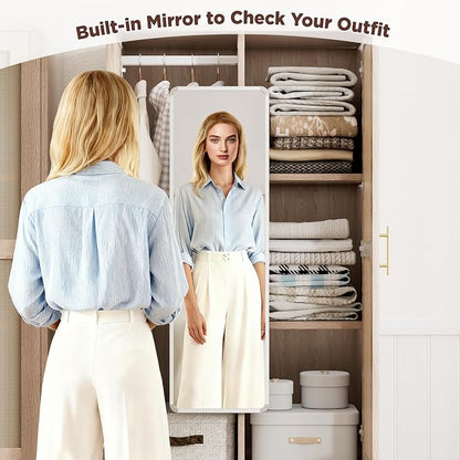 72" Tall Wardrobe Armoire Closet with Mirror, Rattan Armoire Storage Cabinet with 2 Doors and Hanging Rod, Wooden Wardrobe Closet Storage with 2 Larger Drawers and Shelves for Bedroom, Cloak Room