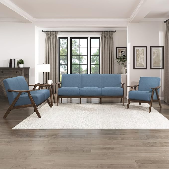 Lexicon Mid Century Modern Accent Chair with Solid Wood Frame in Walnut Finish, Upholstered Living Room Lounge Arm Chair, Thick and Comfy Innerspring Seat Cushion, Linen-Look Fabric, Blue