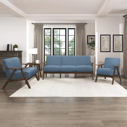 Lexicon Mid Century Modern Accent Chair with Solid Wood Frame in Walnut Finish, Upholstered Living Room Lounge Arm Chair, Thick and Comfy Innerspring Seat Cushion, Linen-Look Fabric, Blue
