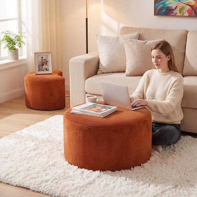 BSHOMGI Nesting Coffee Table Set of 2,Corduroy Ottoman Soft Foot Rest Movable LargePouf Footstool for Living Room Sofa Couch Bedroom Entryway and Small Spaces No Assembly (Orange, 32"+17")