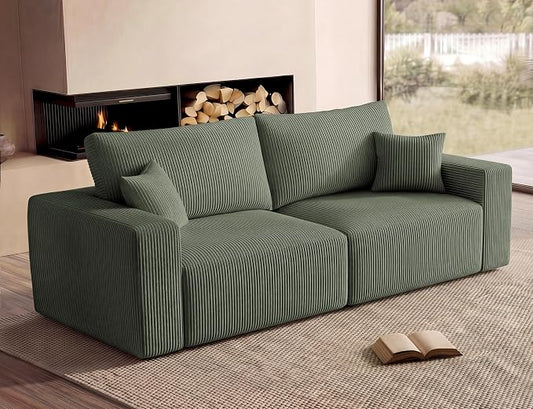 Modular Loveseat Cloud Couch, 79" Memory Foam Boneless Double Sofa, Cozy Upholstered Corduroy Frameless Furniture, No Assembly Required Small Couch for Apartment Living Room Office, Green