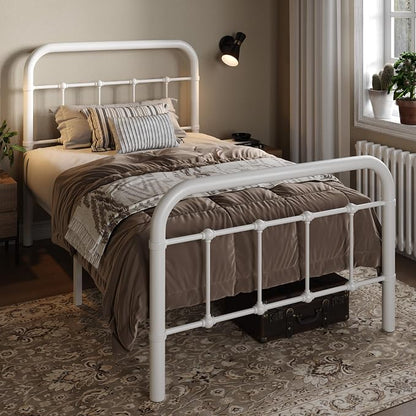 Allewie Twin Size Metal Platform Bed Frame with Victorian Style Wrought Iron-Art Headboard/Footboard, No Box Spring Required, White