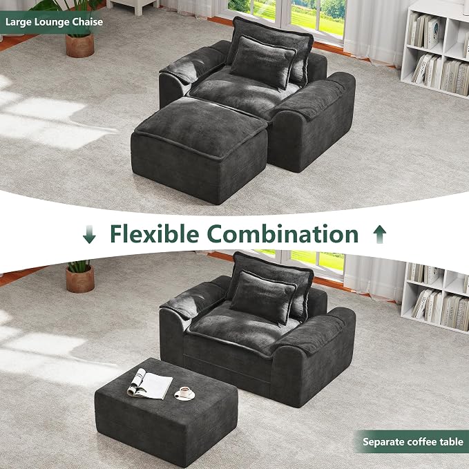 Hobestluk Rectangular Cloud Memory Foam Ottoman for Boneless Couch Comfy Couch Footrest with Removable Cover for Living Room Bedroom or Office as Extra Seating (Dark Grey, Ottoman)