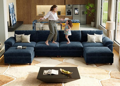 SITJOY Large Cloud Couch, 149" Wide 4 Seater U Shape, Chenille in Navy Blue | Detachable and Washable Chenille Cover Sectional Sofas for Living Room, Deep Seat Wide Couch with Chaise, Storage Ottoman
