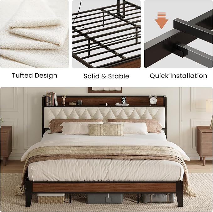 ANCTOR King Bed Frame, Storage Headboard with Charging Station, Platform Bed Frame with Strong Metal Support, Sturdy and Stable, Noise Free, No Box Spring Needed, Easy Assembly, Walnut