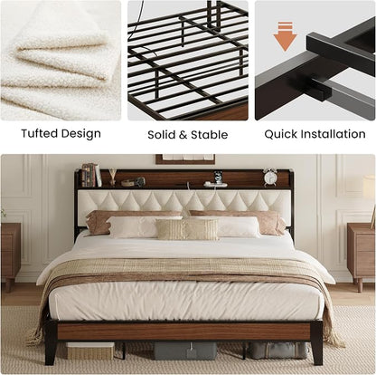 ANCTOR King Bed Frame, Storage Headboard with Charging Station, Platform Bed Frame with Strong Metal Support, Sturdy and Stable, Noise Free, No Box Spring Needed, Easy Assembly, Walnut