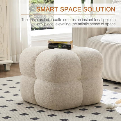 Zesthouse Square Pouf Ottoman, Modern Vanity Chair Backless for Bedroom, Beige Linen Stool Seat Foot Rest, Upholstered Poofy Footstool for Couch, Fabric Ottoman Coffee Table for Living Room