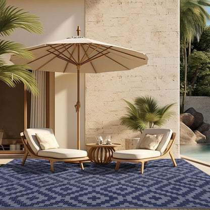 SAND MINE Reversible Mats, Plastic Straw Rug, Modern Area Rug, Large Floor Mat and Rug for Outdoors, RV, Patio, Backyard, Deck, Picnic, Beach, Trailer, Camping, Dark Blue & Grey, 4' x 6'