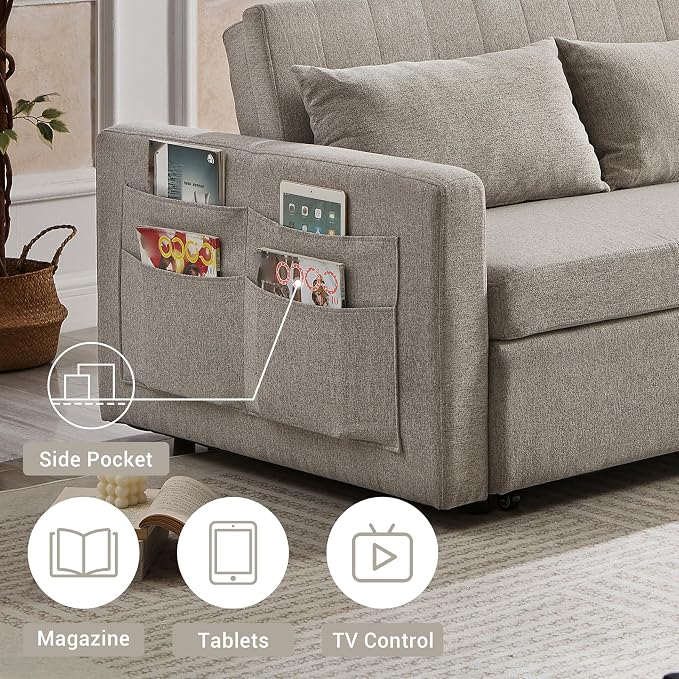 55.5" Fabric Convertible Sofa Bed, Pull Out Sleeper Sofa Bed, Loveseat Couch with Side Pocket, 3 in 1 Convertible Sleeper Sofa Bed for Living Room, Apartment, Bedroom, RV, Light Grey