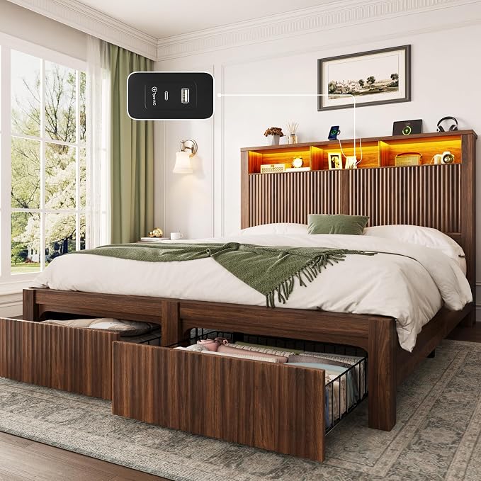CypBed Full Size Bed Frame with Headboard and Storage Drawer, Full Bed Frame with LED Light and Charging Port, Farmhouse Wavy Design, Wood & Metal Platform, Noise-Free, No Box Spring Needed, Walnut