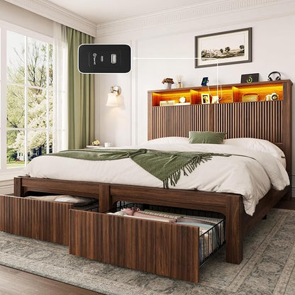 CypBed Full Size Bed Frame with Headboard and Storage Drawer, Full Bed Frame with LED Light and Charging Port, Farmhouse Wavy Design, Wood & Metal Platform, Noise-Free, No Box Spring Needed, Walnut