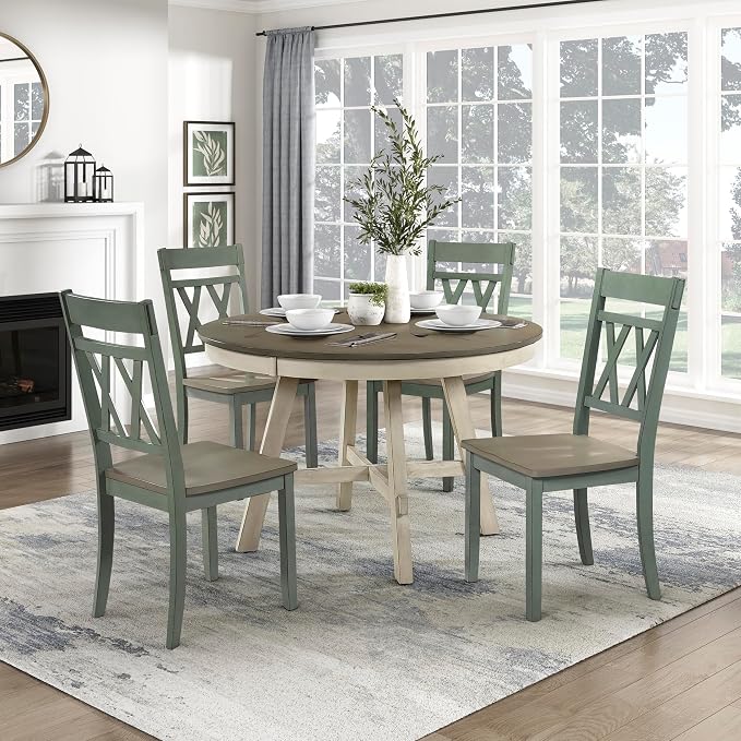 Lexicon 48 Inch Dia. Modern Round Dining Table, Wooden Kitchen Table, Seats for 4 People, Space Saving, for Kitchen, Dining Room, Two-Tone Finish (Greywash and Antique White)