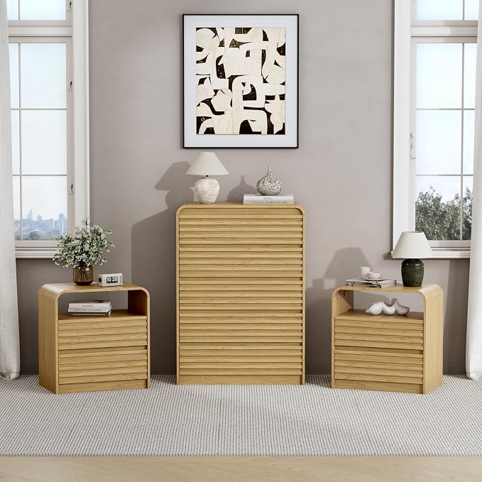 Dresser and Nightstand Sets for Bedroom, 3 Pcs Bedroom Set, Fluted 5 Drawer Dresser with Curved Profile and Night Stand Set of 2 with Charging Station, Wood Chest of Drawers, Natural Oak