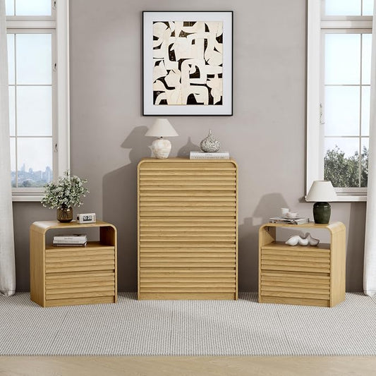 Dresser and Nightstand Sets for Bedroom, 3 Pcs Bedroom Set, Fluted 5 Drawer Dresser with Curved Profile and Night Stand Set of 2 with Charging Station, Wood Chest of Drawers, Natural Oak