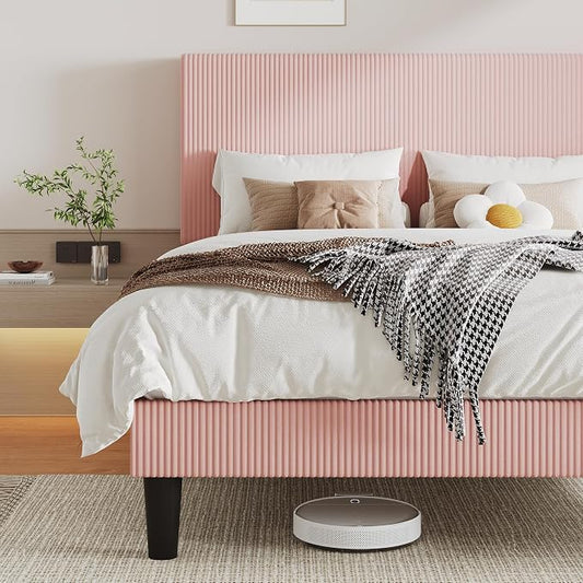 Allewie Full Size Upholstered Bed Frame with Vertical Channel Tufted Headboard, Soft Corduroy Fabric Platform Bed, Strong Wooden Slats Support, Easy Assembly, No Box Spring Needed, Light Pink